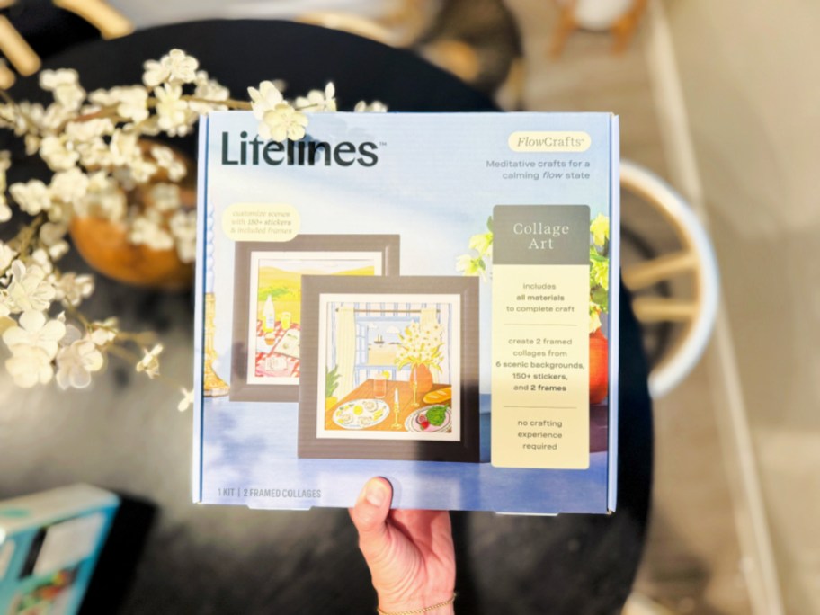 lifelines collage art kit package being held in hand above a table and flowers