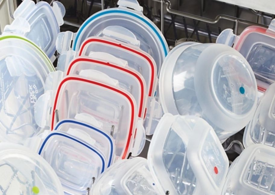 a set of lock n lock food storage containers on the top rack of a dishwasher