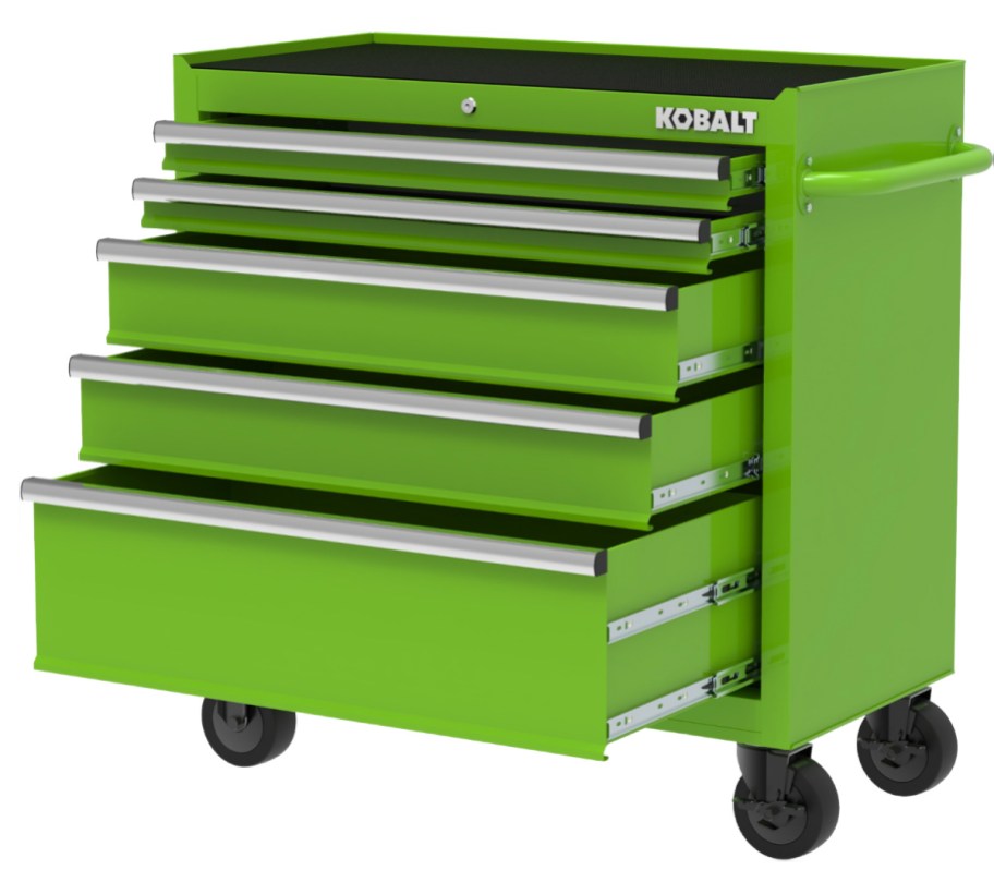 green toolbox on wheels with 6 drawers open