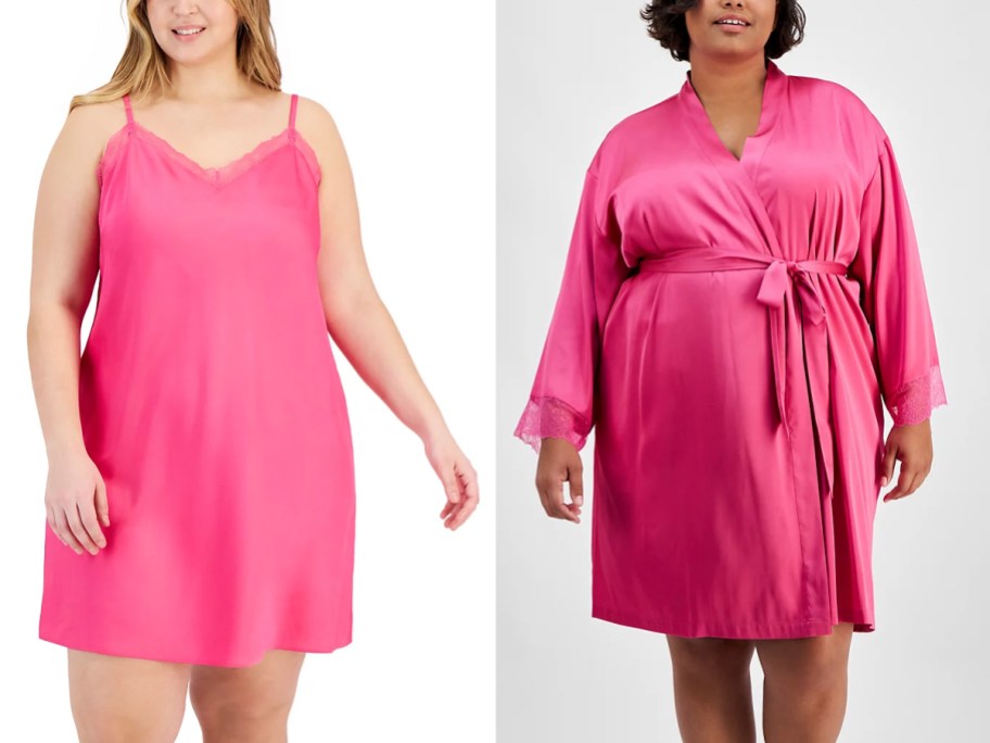 two women wearing pink cami and robe