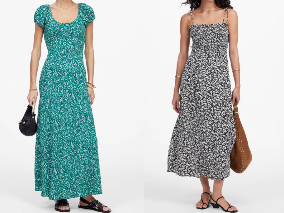 two women wearing teal and black floral dresses 