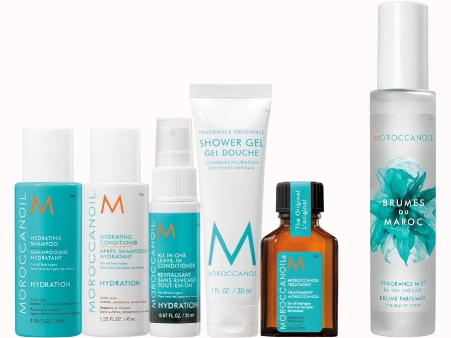 moroccan oil deluxe sampler set items and a bottle of hair and body mist