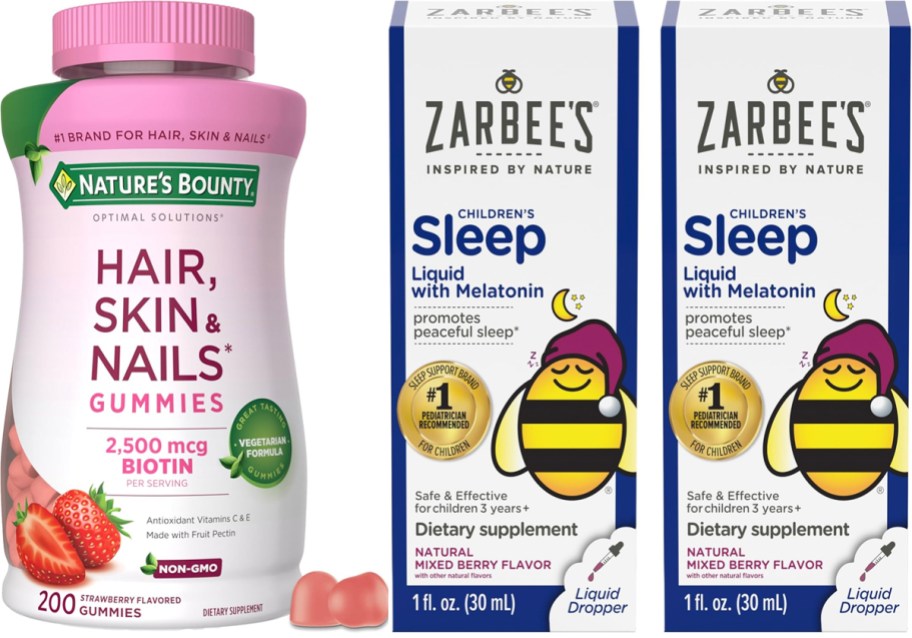 natures bounty bottles and two boxes of zarbees sleep medicine