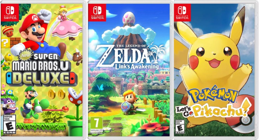 super mario, zelda, and pikachu switch games 