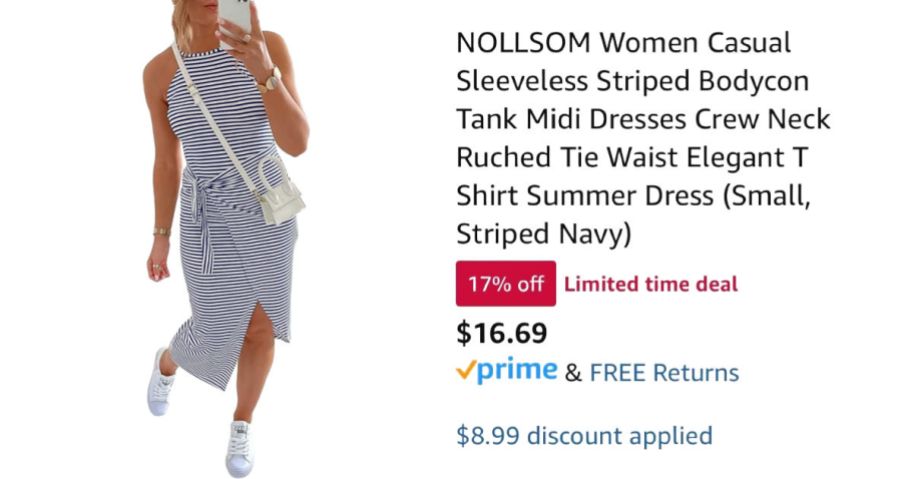 woman wearing striped dress next to Amazon pricing information