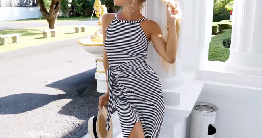woman wearing a striped dress