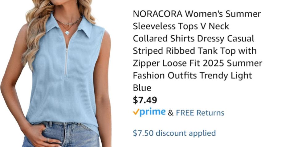 woman wearing blue shirt next to Amazon pricing information