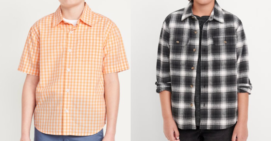 two boys wearing orange and black collard tees