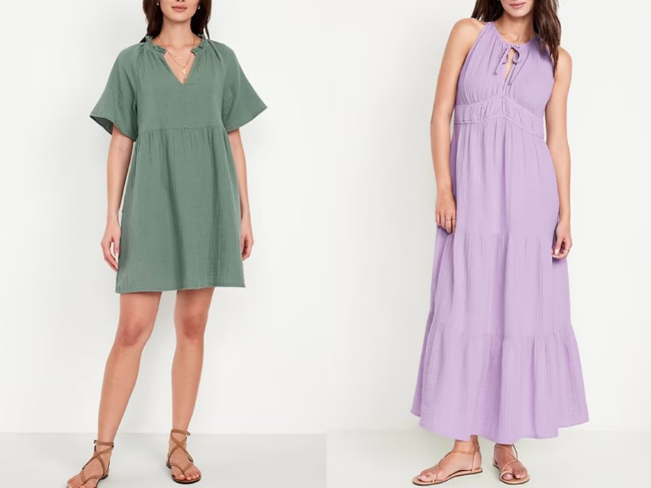 two women wearing green and puprle dresses