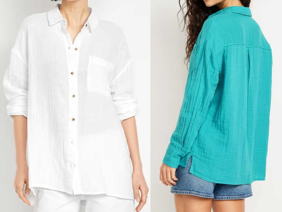 two women wearing white and teal tops 