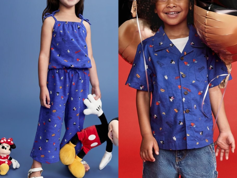 girl in a cami and pants Disney outfit and boy in a button up Disney shirt