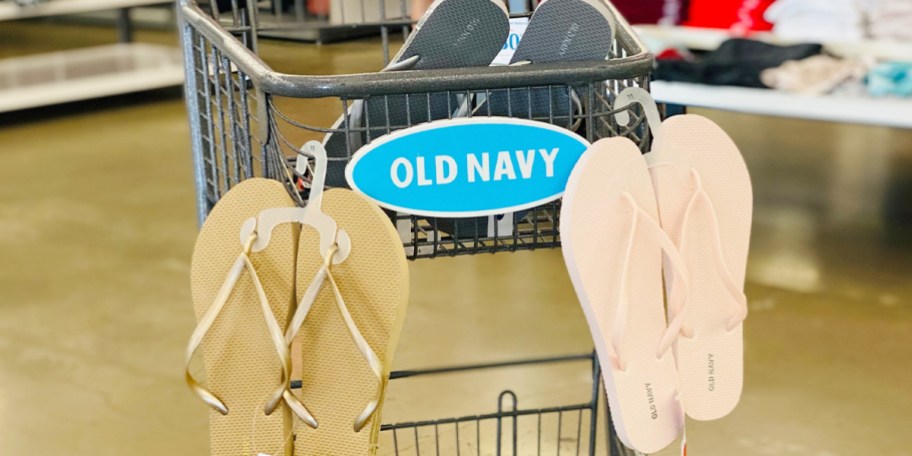 old navy shopping cart with sandals inside