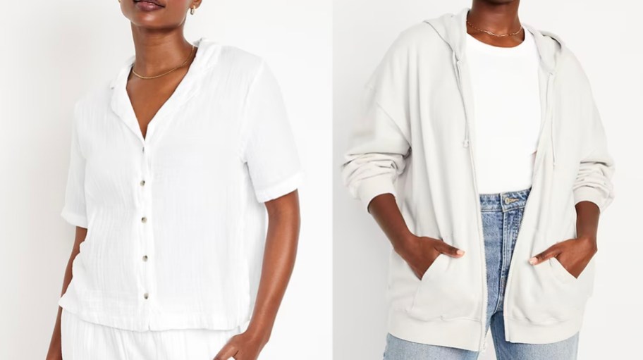 two women wearing white shirt and zip hoodie 