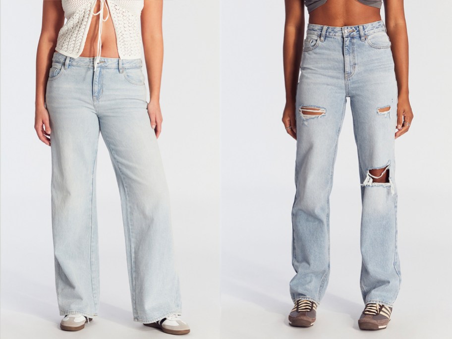 two women wearing ripped jeans 