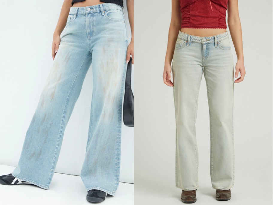 two women wearing jeans 