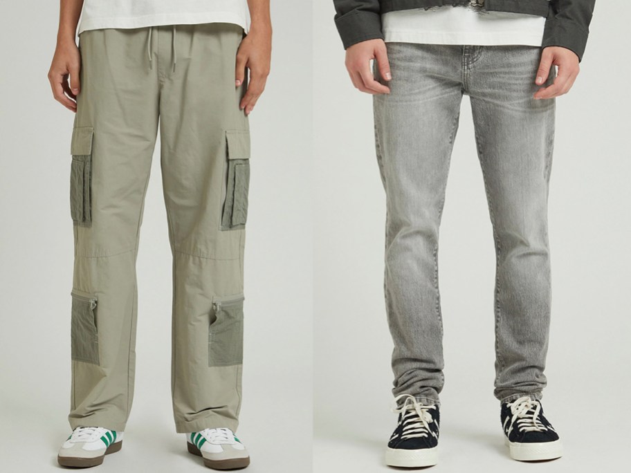 two men wearing green and gray pants 
