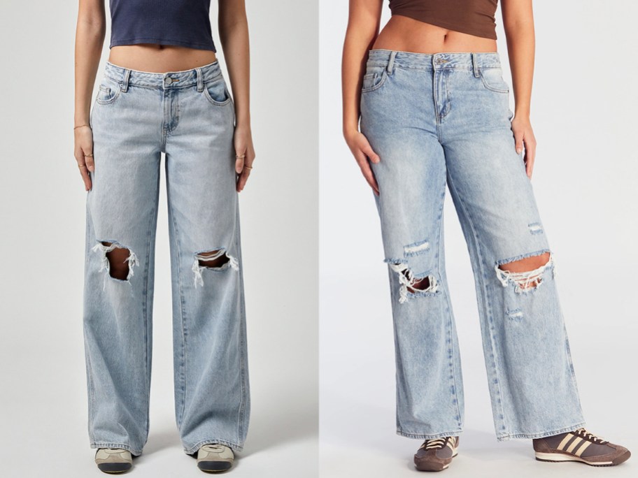 two women wearing light blue ripped jeans 