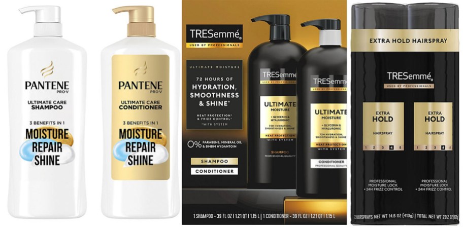 pantene shampoo bottles, and tresemme shampoo and hair sprays