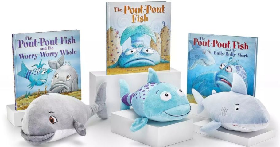a fish plush, whale pluush and shark plush shown with their corresponding books