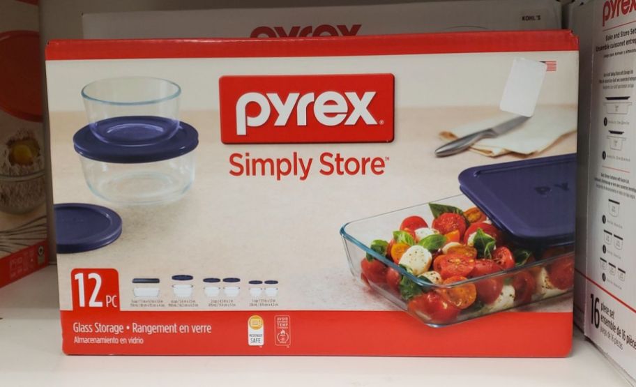 pyrex glass food storage box on shelf