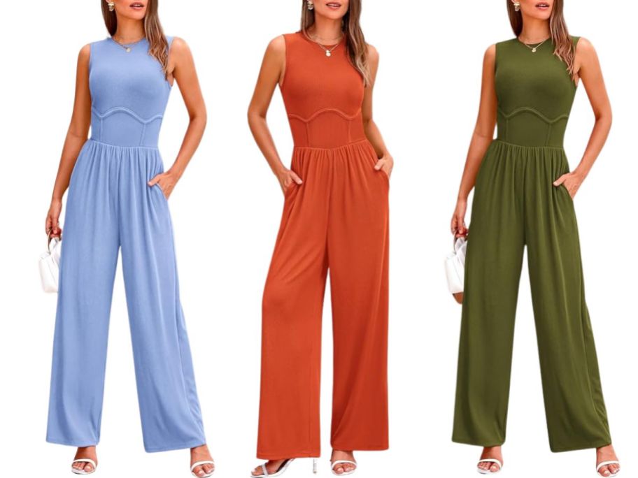 three women wearing PrettyGarden Women's Rompers in blue, orange, and green