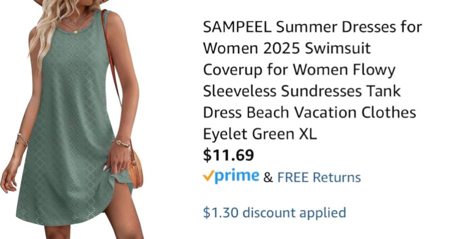 woman wearing green dress next to Amazon pricing information