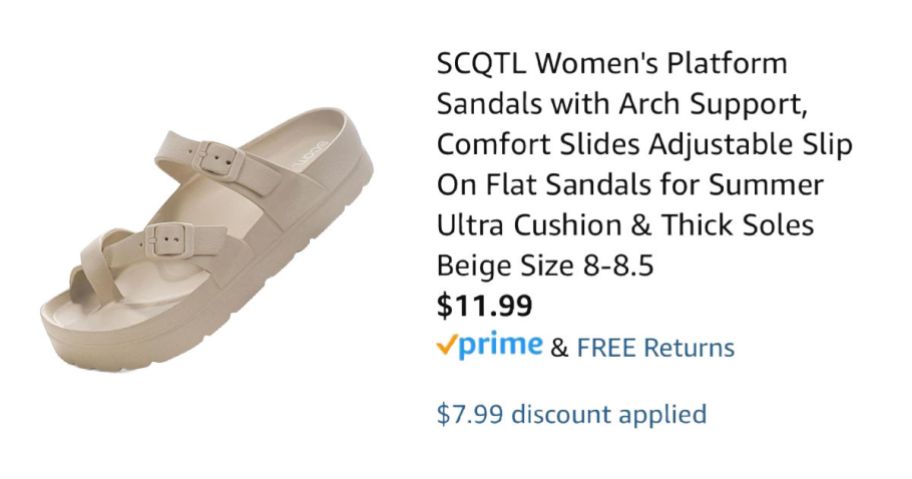 tan sandals next to Amazon pricing information