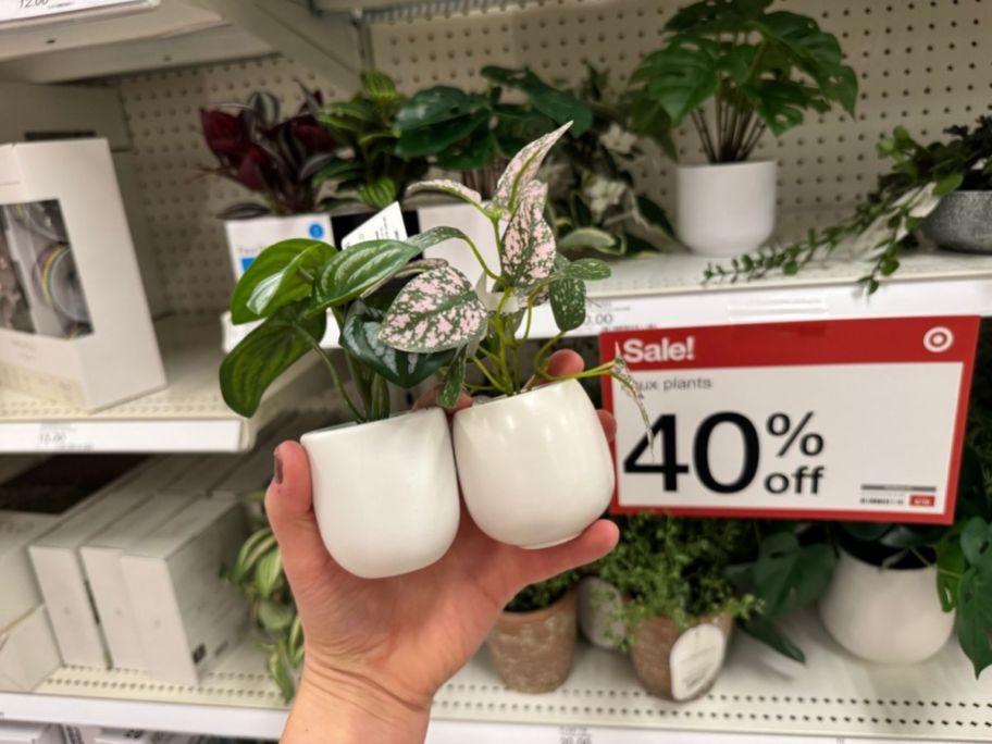 a womans hand holding two sall artificial plants
