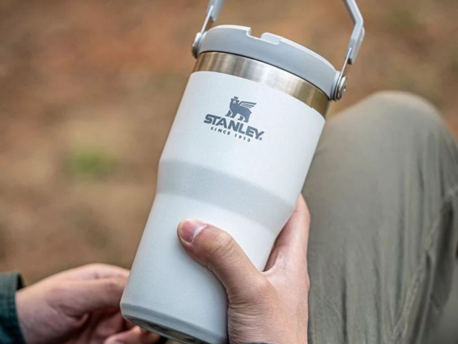 person holding stanley tumbler on lap