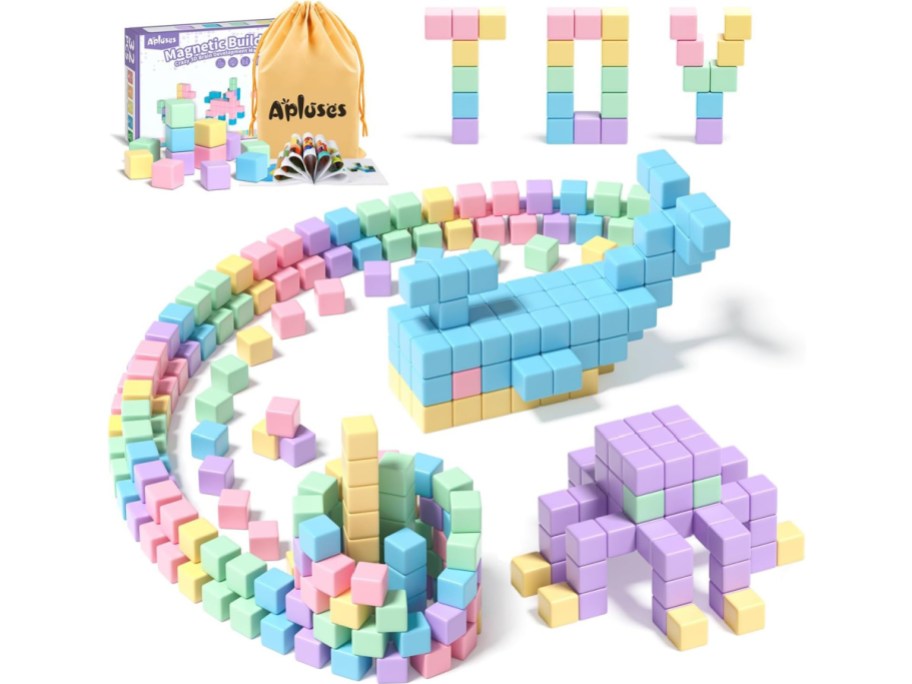 stock image of colorful magnetic building blocks and the packaging they come in