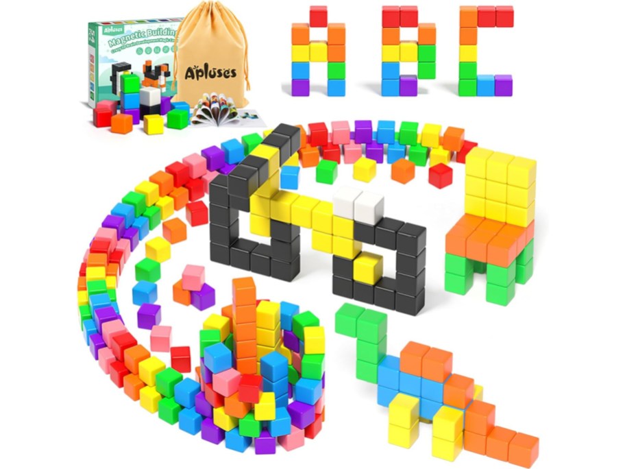 stock image of colorful magnetic building blocks and the packaging they come in