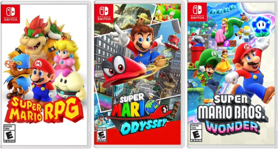 super mario rpg, odyssey, and wonder video games