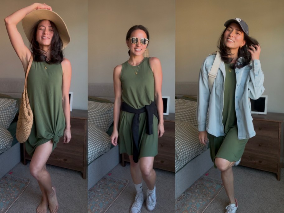 woman showing three different ways to wear green dress