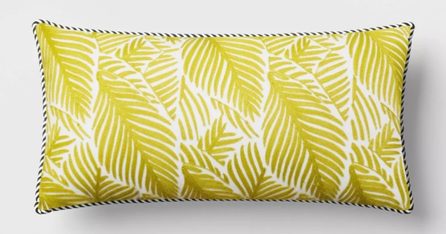a yellow green palm leaf print rectangle pillow