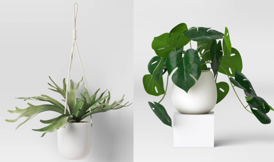 artificial plants in hanging pot and white pot 