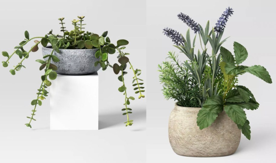 artificial plants in silver pot and gray pot 