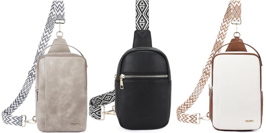 three sling bags in a row