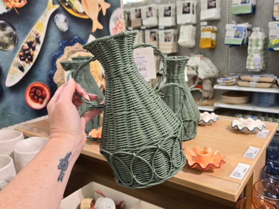 green Threshold Small Rattan Vase in hand in store