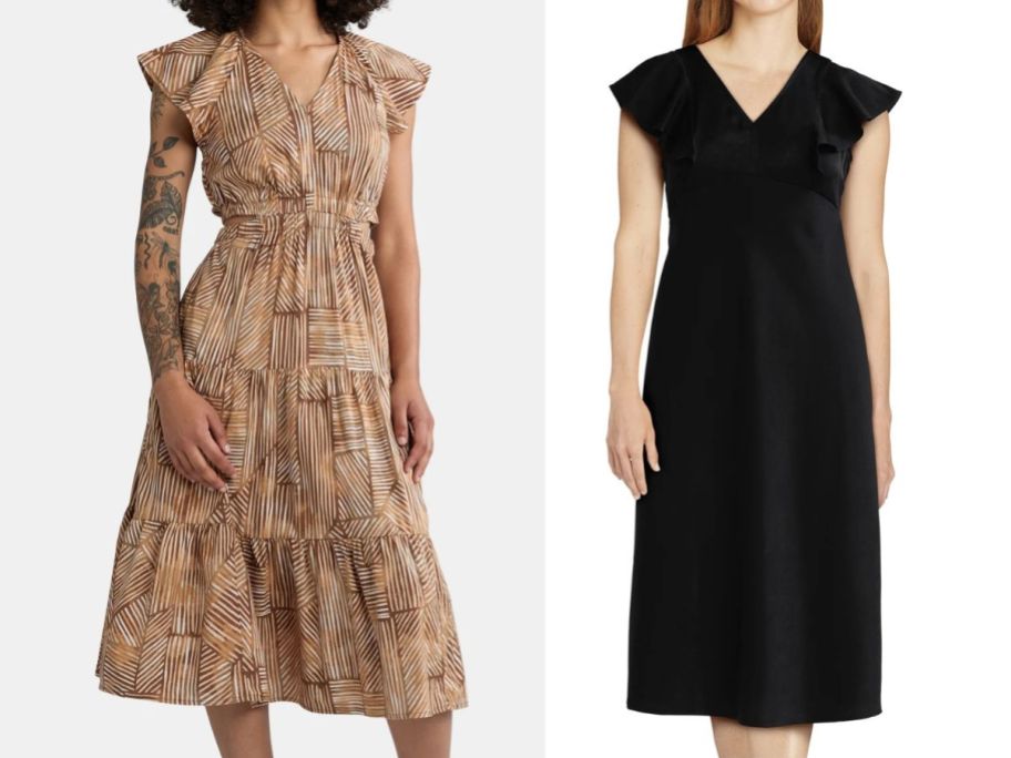 two women wearing time and tru dresses in a brown pattern and black