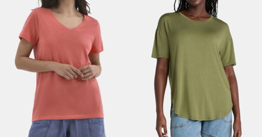 two women wearing time and tru tops in coral and green