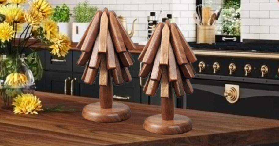 tree trivets on a kitchen counter island