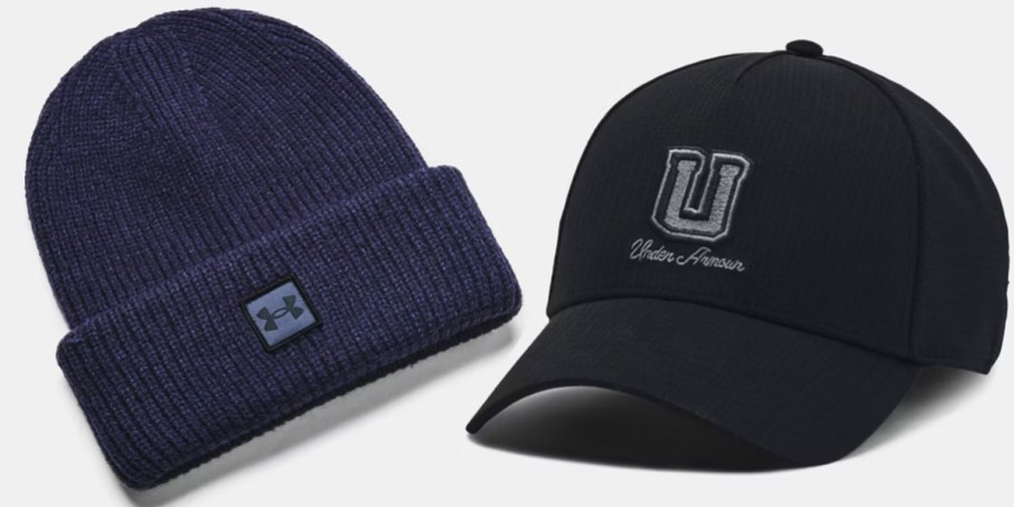 navy blue beanie and black hat 