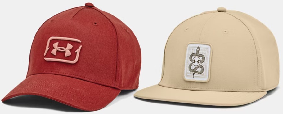 red and beige under armour hats 