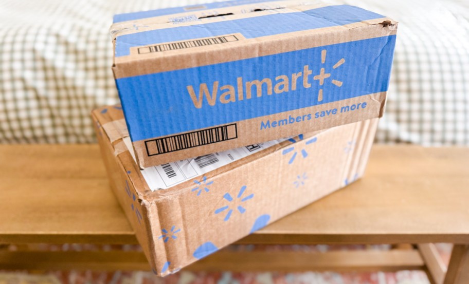 walmart boxes on wood bench