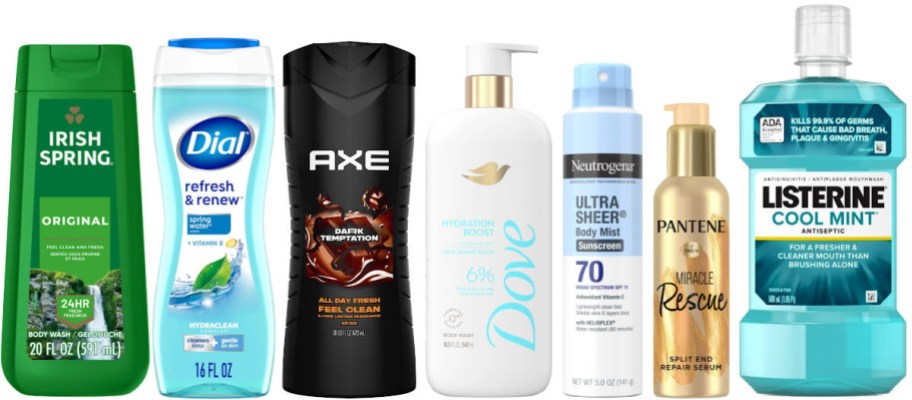 7 personal care items on a white background