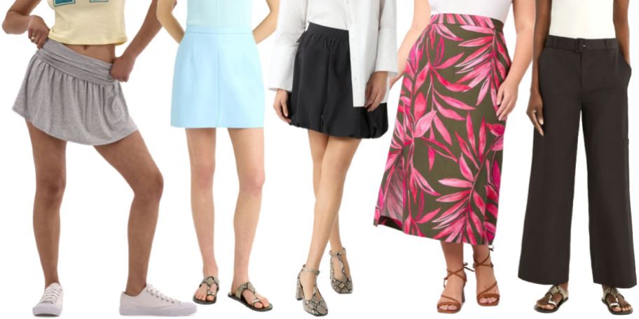 5 women wearing skirts on a white background
