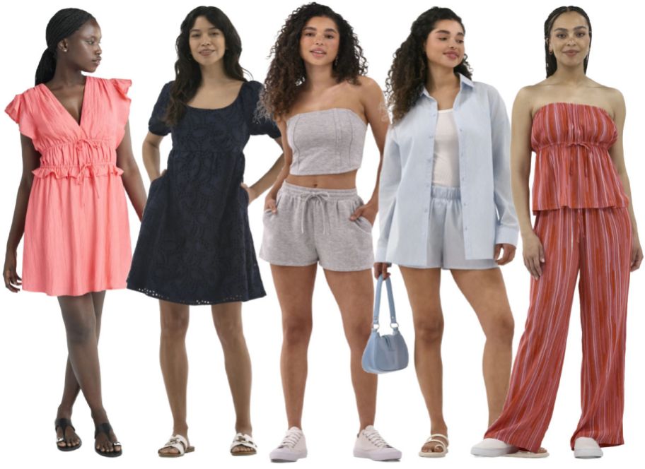 5 women wearing dresses and other outfits on a white background