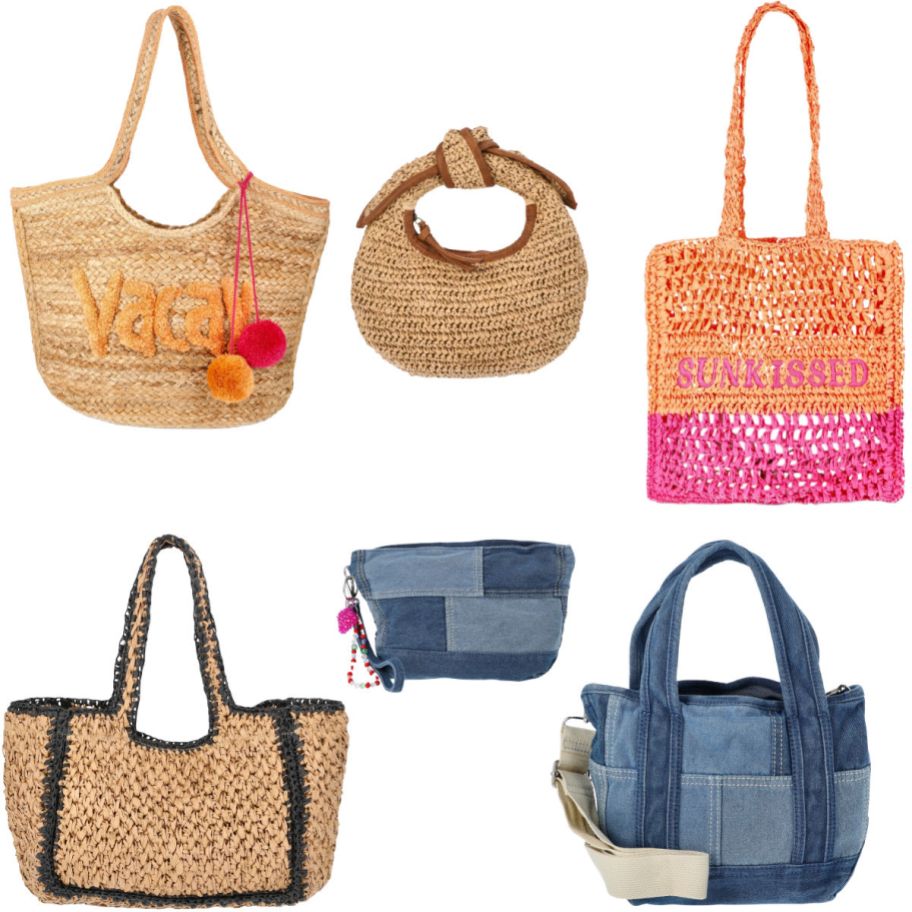 various straw and denim purses and tote bags on a white background