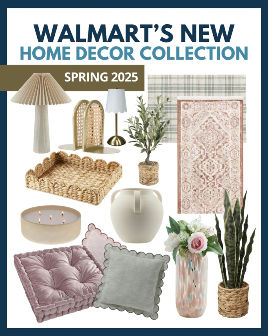 collage of trendy neutral home decor pieces of walmart's new home decor collection