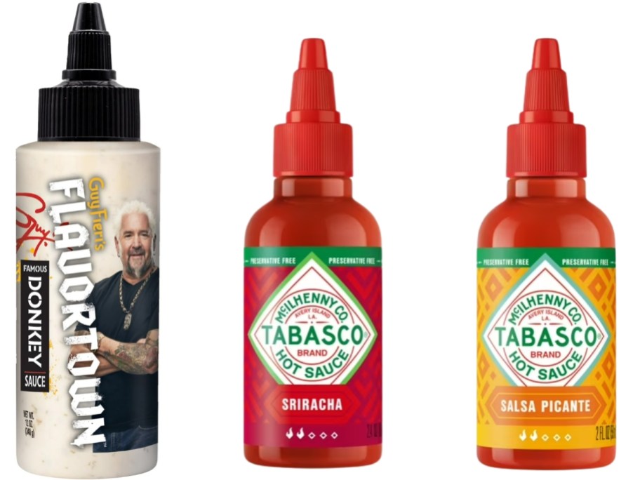 mini bottle of Flavortown sauce and 2 mini bottles of Tabasco sauces